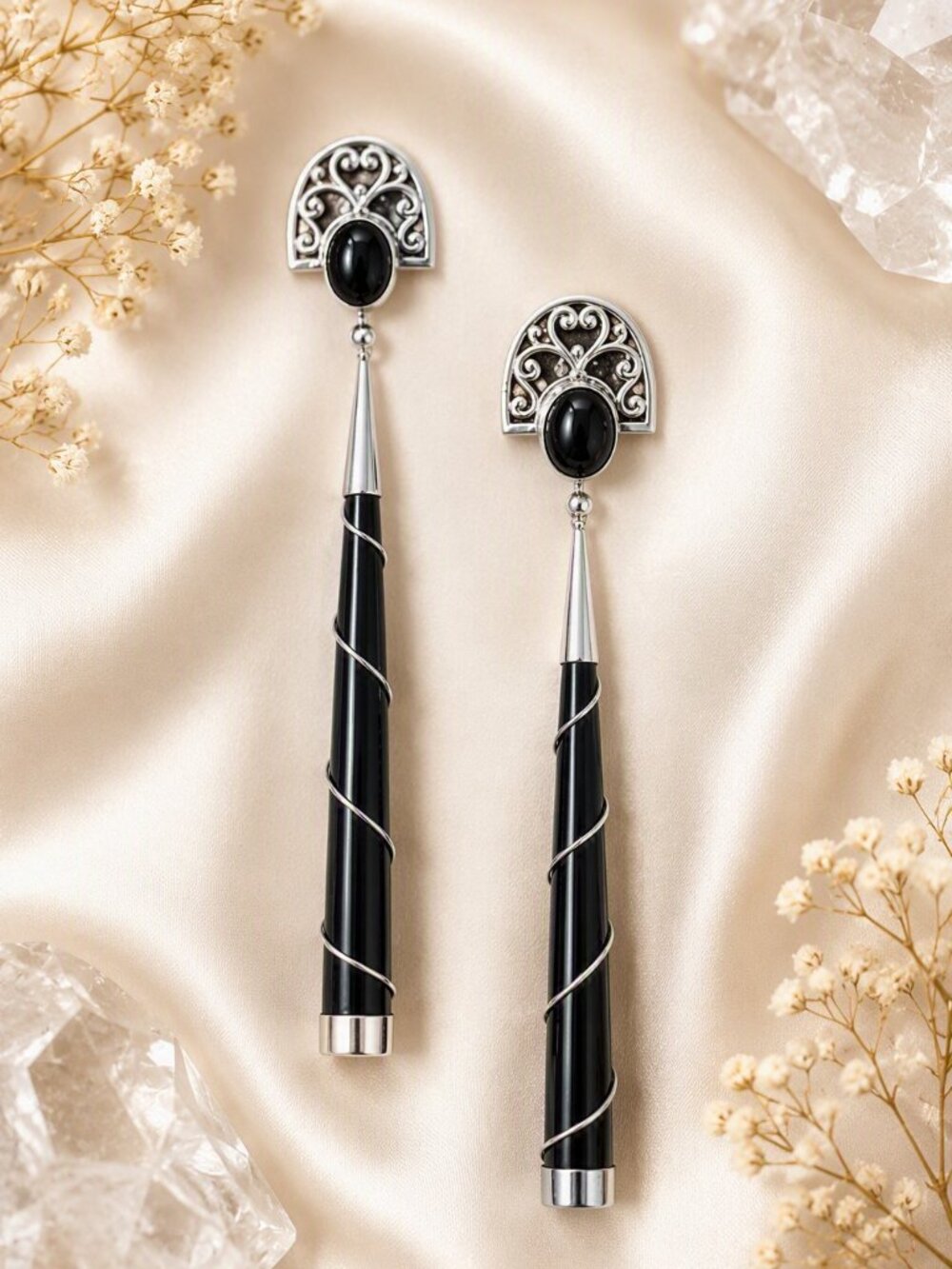 VTG 80s TASO 925 Sterling Silver Black Onyx Lucite Art Deco Dangle Earrings 5” - Picture 3 of 6